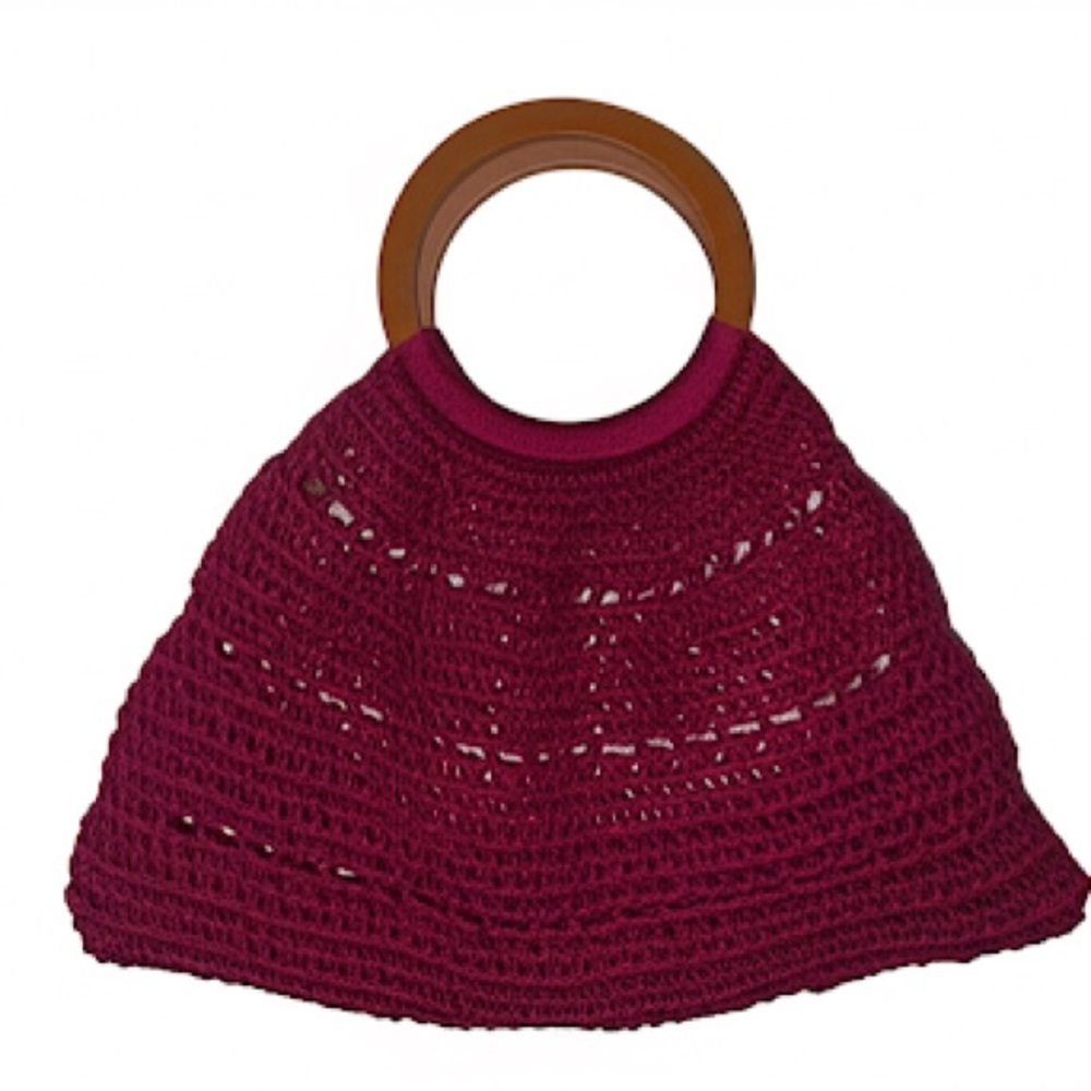 Handmade Crochet Purse Handbag with Wooden Handle color Deep Magenta